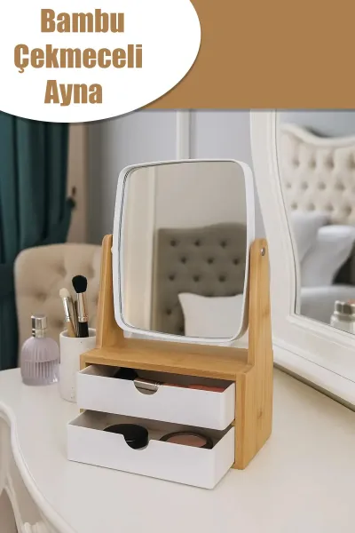 2 ÇEKMECELİ BAMBU AHŞAP STANDLI MAKYAJ AYNASI