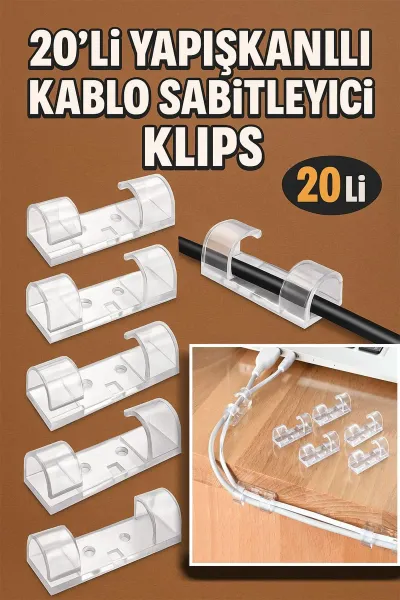 🔌20'Lİ YAPIŞKANLI KABLO SABİTLEYİCİ KLİPS