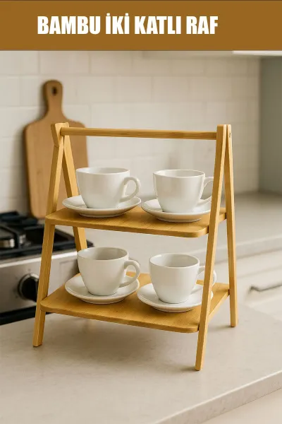 PORTATİF AYAKLI & 2 KATLI AHŞAP BAMBU ORGANİZER RAF