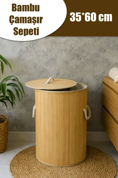 İBİCO YUVARLAK BAMBU İÇ BEZLİ KİRLİ ÇAMAŞIR SEPETİ