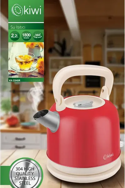 KİWİ KK-3340R KIRMIZI NOSTALJİ DEMLİK MODEL ÇELİK KETTLE SU ISITICI 2.2LT