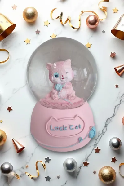 PEMBE KEDİLİ BÜYÜK BOY & 10CM PİLLİ & IŞIKLI MÜZİKLİ KAR KÜRESİ