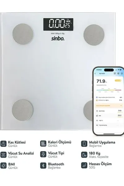 SİNBO YAĞ ÖLÇER AKILLI BLUETOOTH CAM BASKÜL