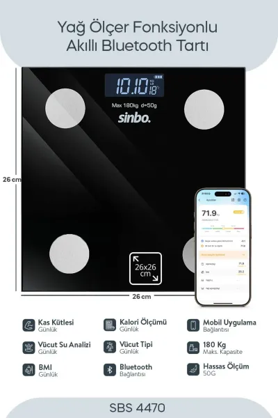 SİNBO SBS-4470 SİYAH YAĞ ÖLÇER AKILLI BLUETOOTH CAM BASKÜL