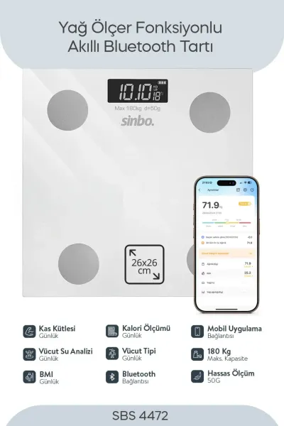 SİNBO SBS-4472 BEYAZ YAĞ ÖLÇER AKILLI BLUETOOTH CAM BASKÜL