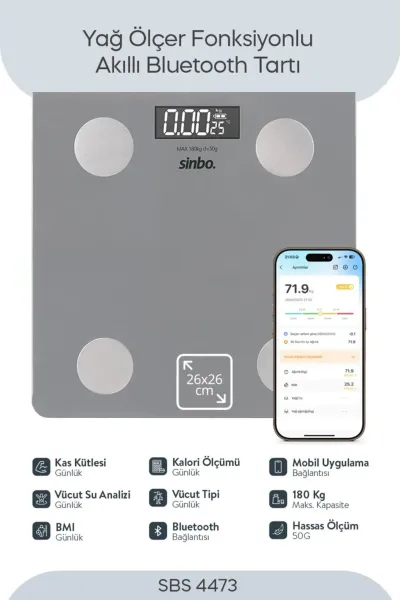 SİNBO SBS-4473 GRİ YAĞ ÖLÇER AKILLI BLUETOOTH CAM BASKÜL