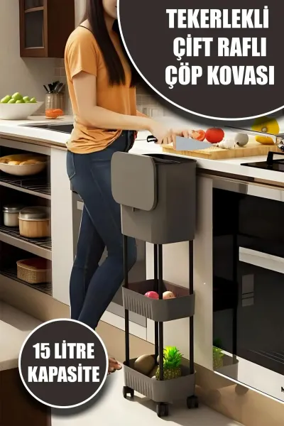 🗑️TEKERLEKLİ ÇİFT RAFLI ORİGA ÇÖP KOVASI