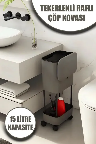 🗑️TEKERLEKLİ RAFLI ORİGA ÇÖP KOVASI