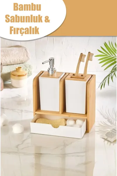URVE ÇEKMECELİ & DİŞ FIRÇA KUTUSU & SABUNLUK BAMBU BANYO SETİ