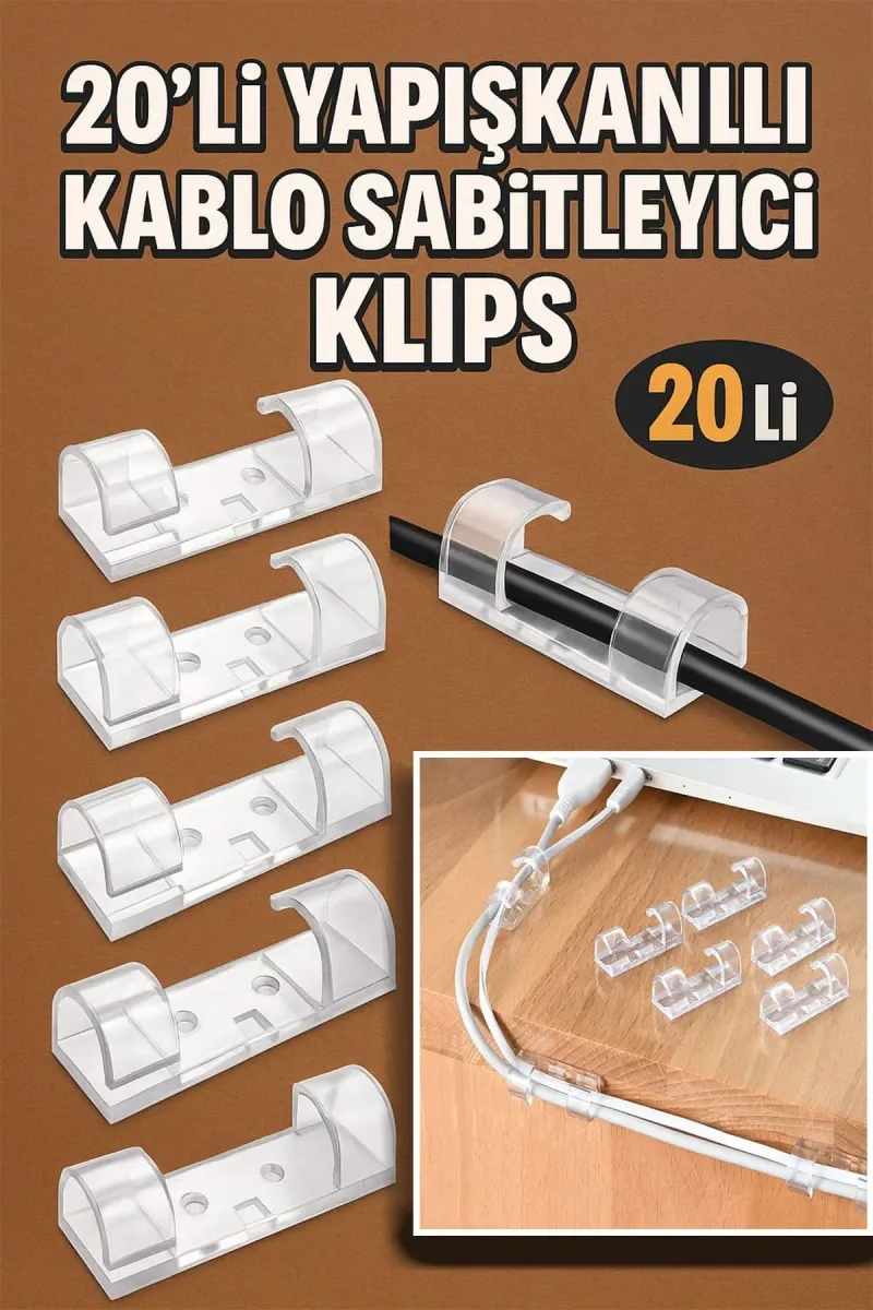 🔌20'Lİ YAPIŞKANLI KABLO SABİTLEYİCİ KLİPS - dibidip 