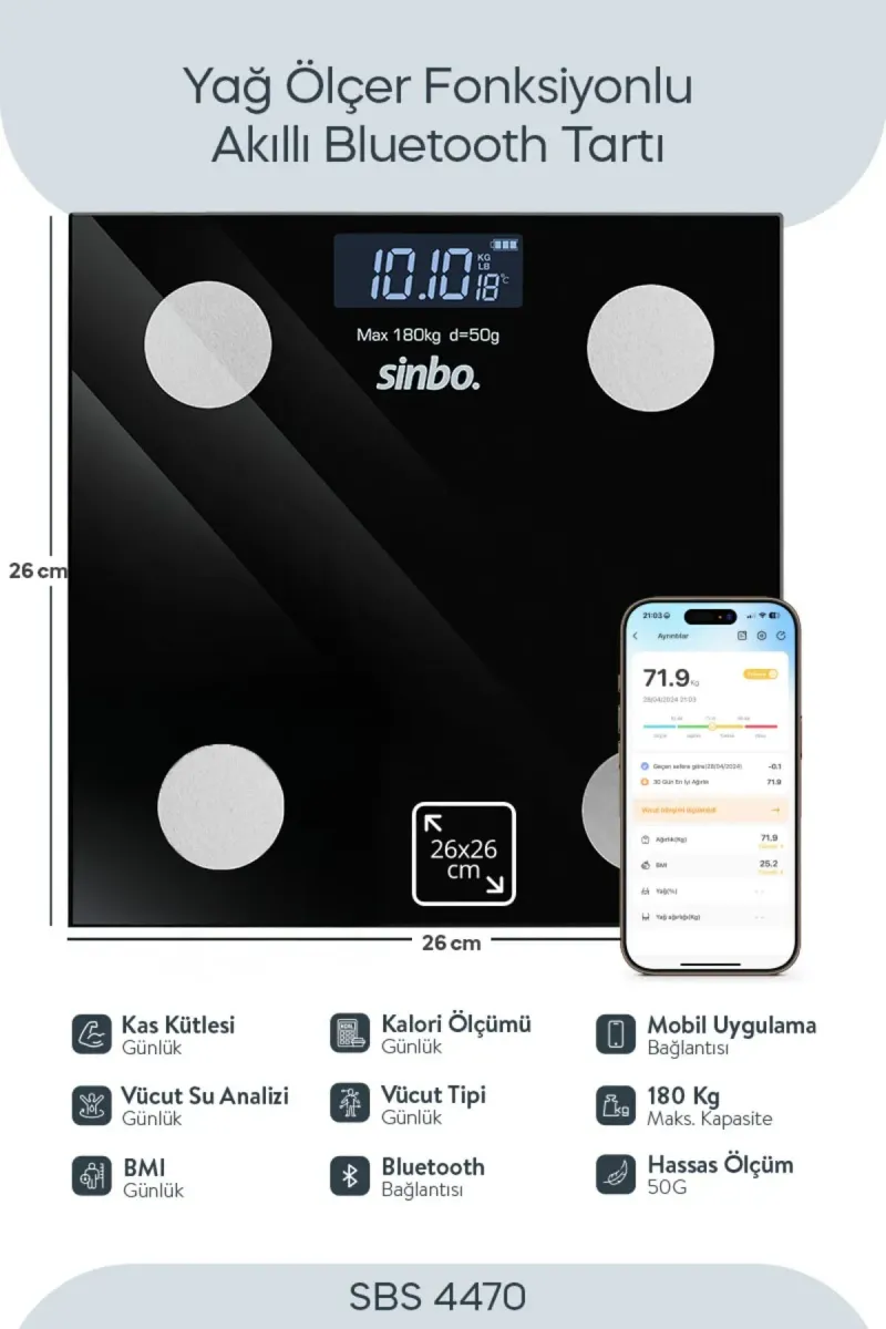 SİNBO SBS-4470 SİYAH YAĞ ÖLÇER AKILLI BLUETOOTH CAM BASKÜL
