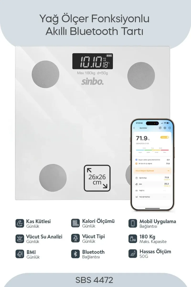 SİNBO SBS-4472 BEYAZ YAĞ ÖLÇER AKILLI BLUETOOTH CAM BASKÜL