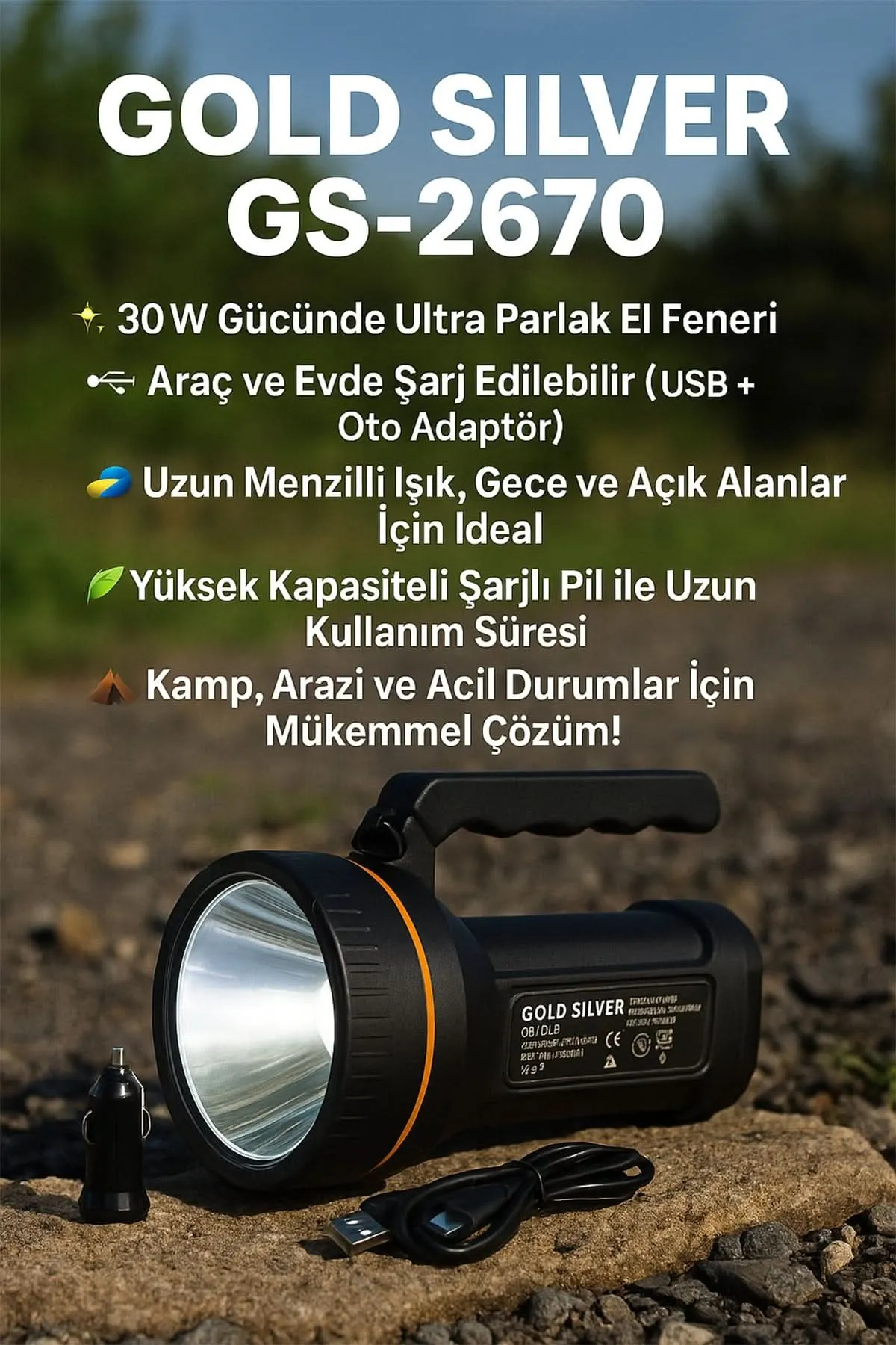 🔦GOLD SİLVER ADAPTÖR ŞARJLI EL FENERİ PROJEKTÖR