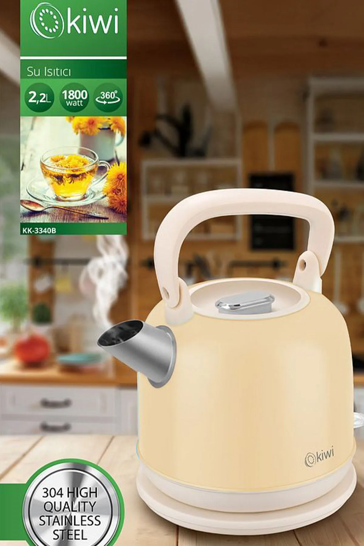 KİWİ KK-3340W KREM NOSTALJİ DEMLİK MODEL ÇELİK KETTLE SU ISITICI 2.2LT
