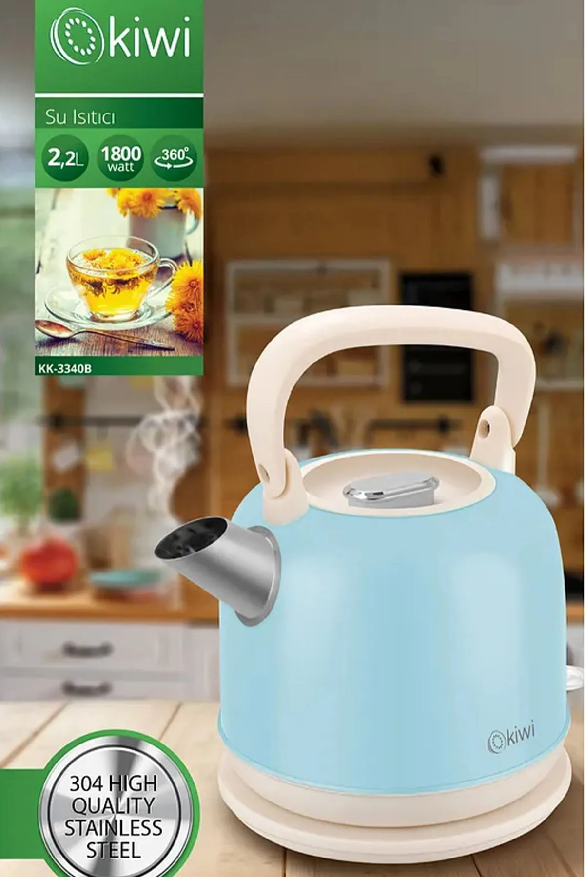 KİWİ KK-3340B MAVİ NOSTALJİ DEMLİK MODEL 2.2LT ÇELİK KETTLE SU ISITICI