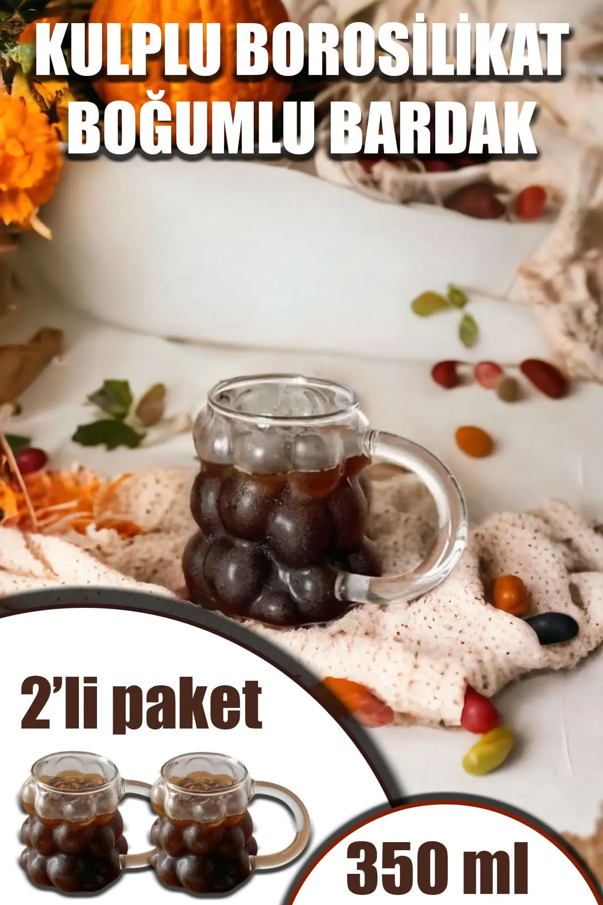 ✨KULPLU BOROSİLİKAT BOĞUMLU BARDAK 2 Lİ SET