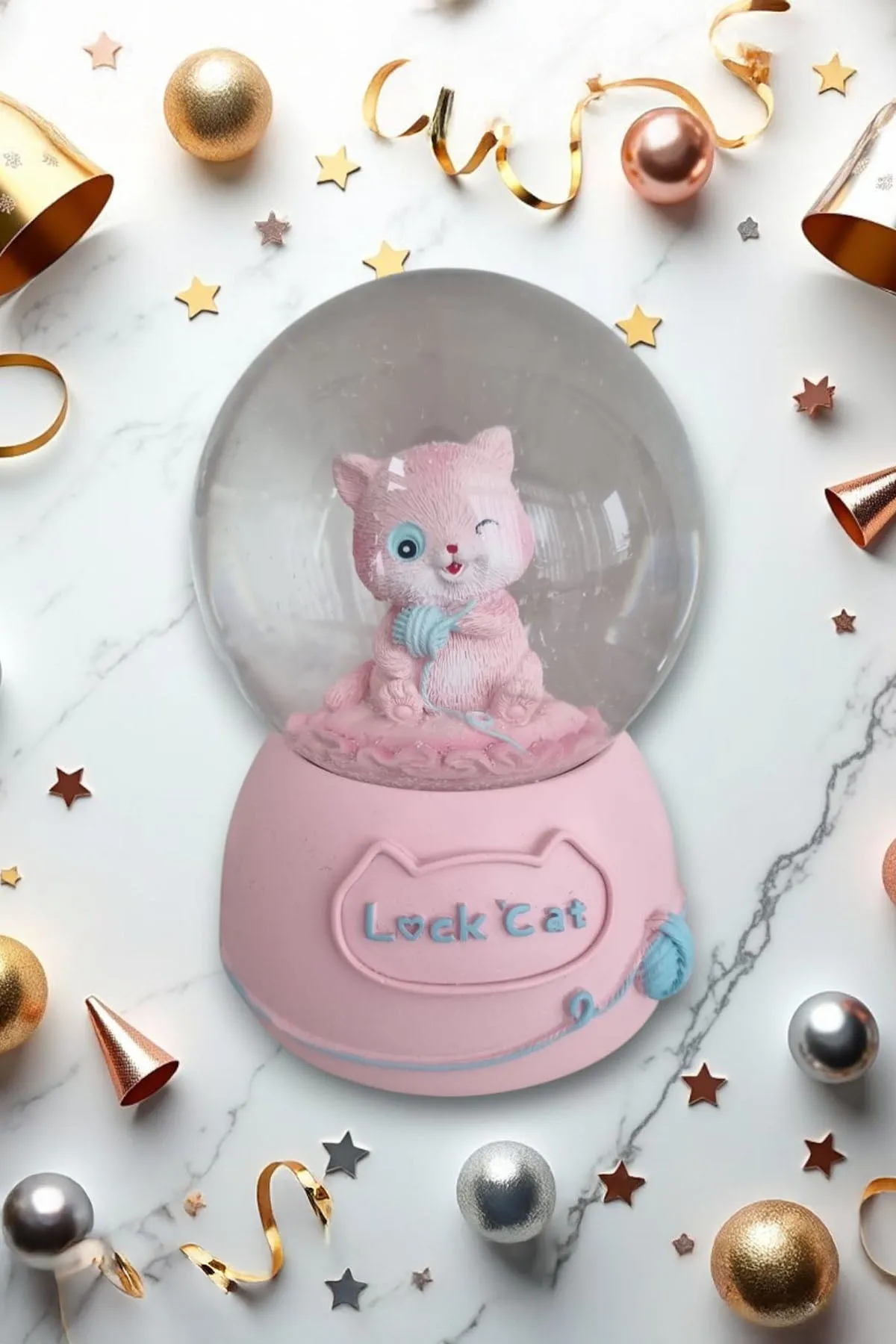 PEMBE KEDİLİ BÜYÜK BOY & 10CM  PİLLİ & IŞIKLI MÜZİKLİ KAR KÜRESİ