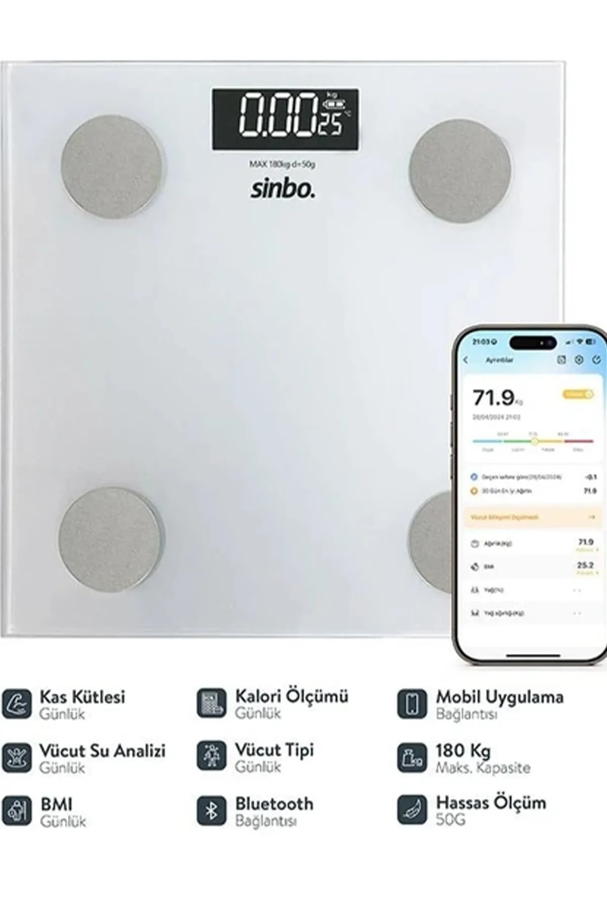 SİNBO YAĞ ÖLÇER AKILLI BLUETOOTH CAM BASKÜL