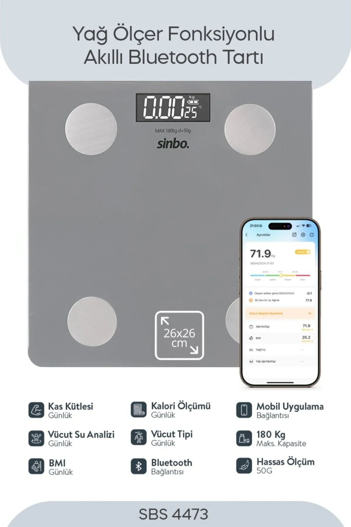 SİNBO SBS-4473 GRİ YAĞ ÖLÇER AKILLI BLUETOOTH CAM BASKÜL