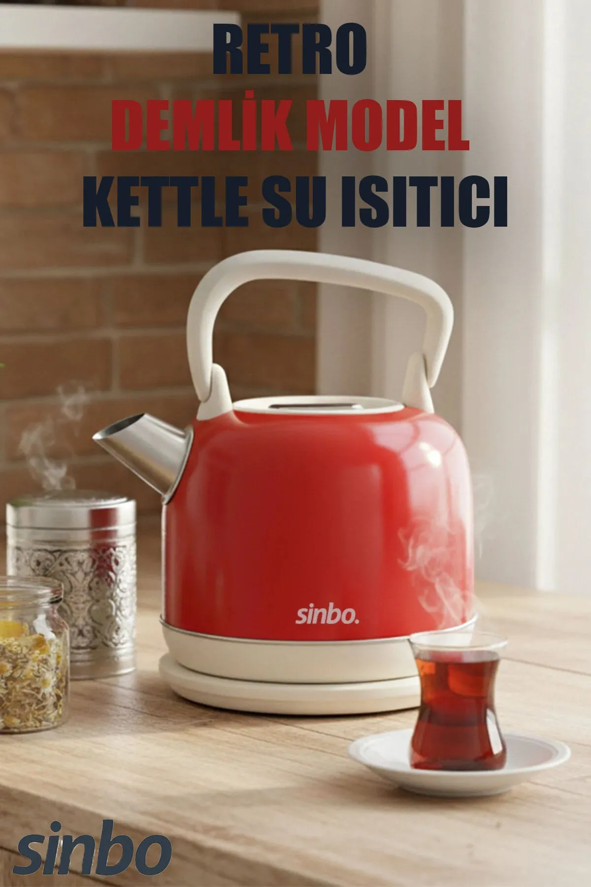 SİNBO SK-8035 RETRO KIRMIZI NOSTALJİ DEMLİK MODEL ÇELİK KETTLE SU ISITICI