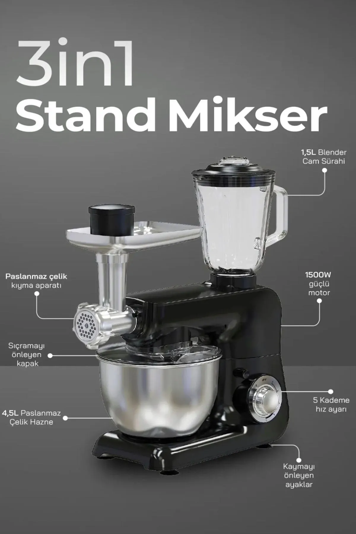 SİNBO SMX-2775 SİYAH STANDLI MİKSER & BLENDER SETİ