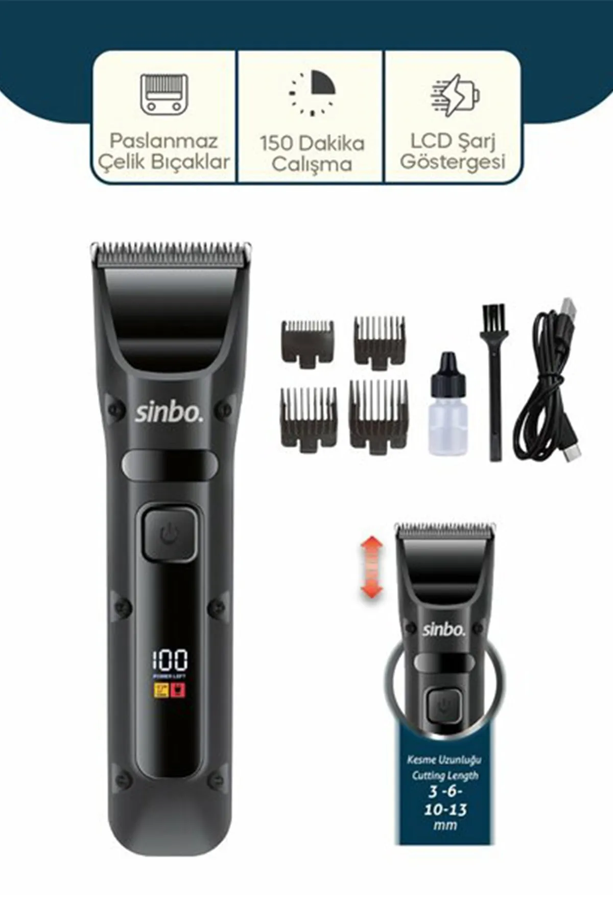SİNBO USB ŞARJLI & LCD GÖSTERGELİ SAÇ & SAKAL KESME TIRAŞ MAKİNESİ